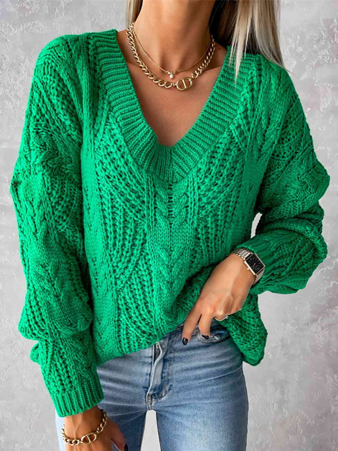 Chunky V-Neck Cable-Knit Long Sleeve Sweater