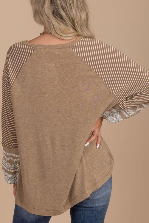 Tan Striped Round Neck Long Sleeve Blouse