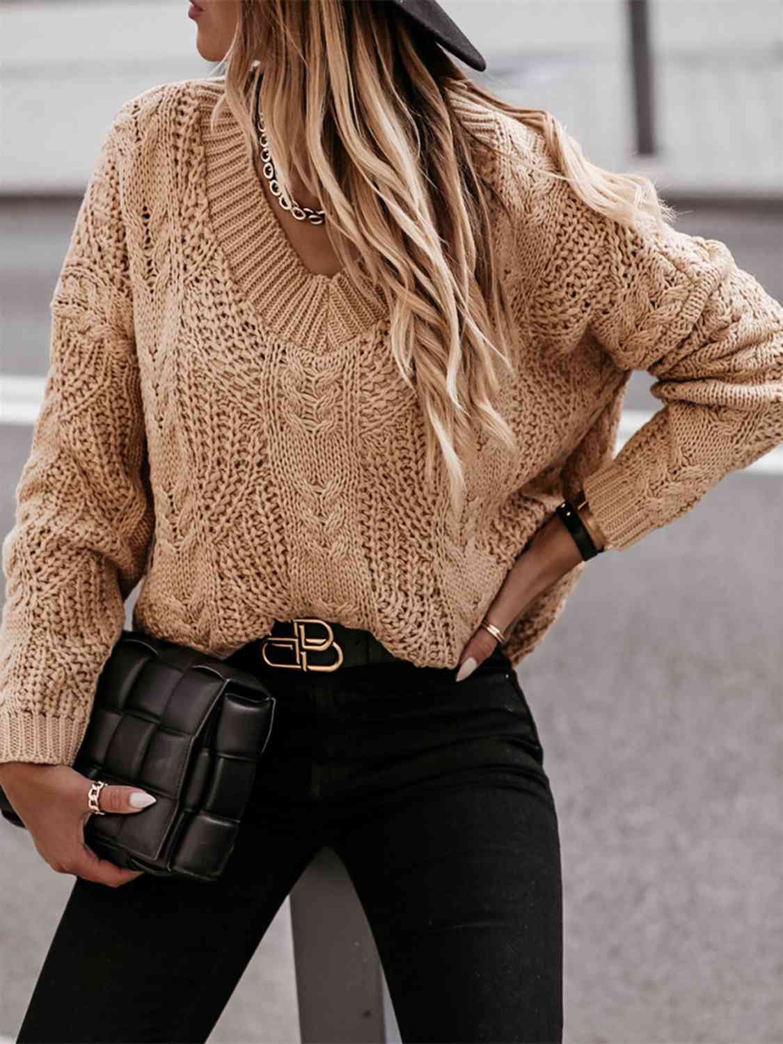 Chunky V-Neck Cable-Knit Long Sleeve Sweater