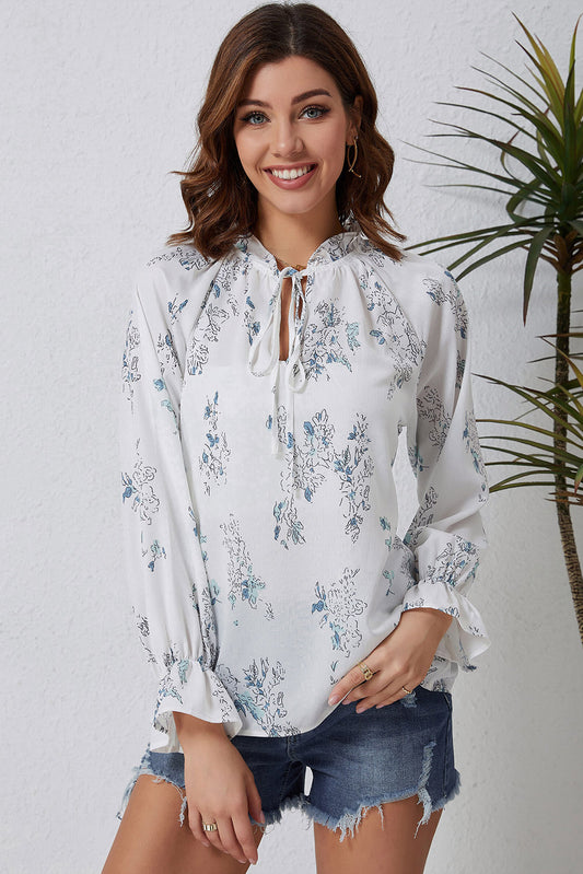 Floral Tie Neck Flounce Sleeve Blouse