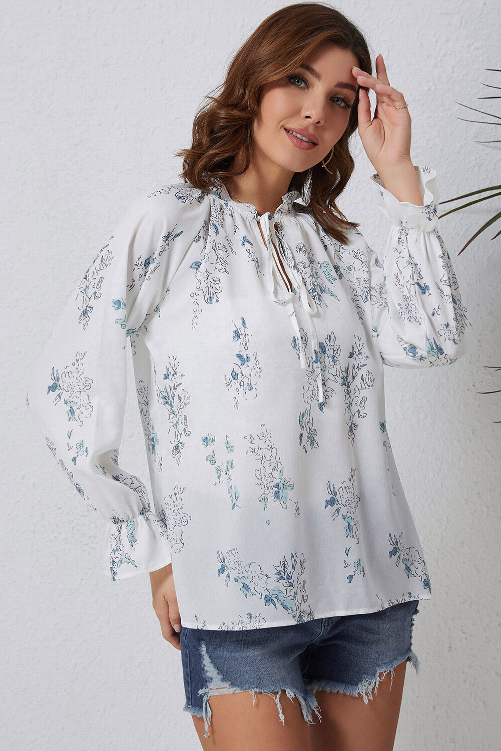 Floral Tie Neck Flounce Sleeve Blouse