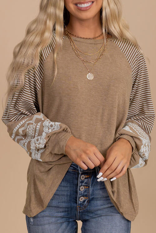 Tan Striped Round Neck Long Sleeve Blouse