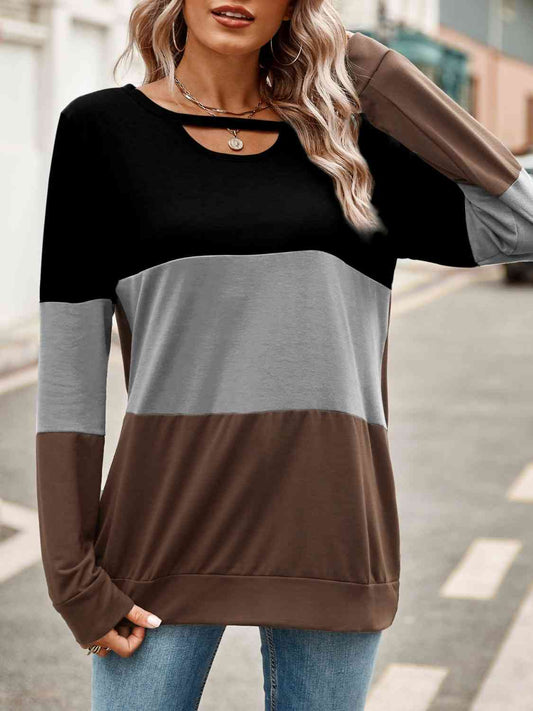 Perfect Day Color Block Cutout Long Sleeve T-Shirt