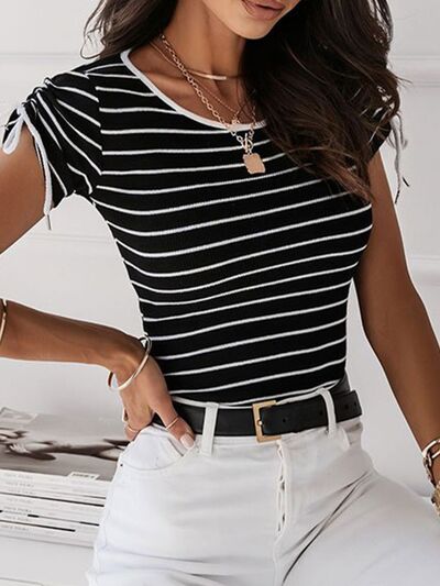 Striped Round Neck Drawstring Short Sleeve T-Shirt