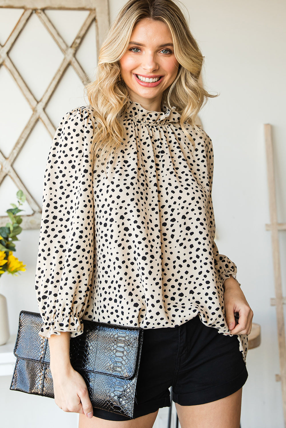 Animal Print Ruffle Collar Flounce Sleeve Blouse