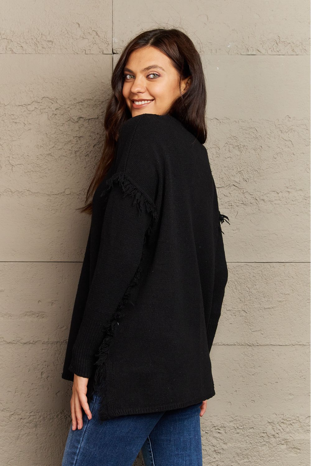 Full Size Buttoned Dropped Shoulder Raw Hem Pullover Sweater