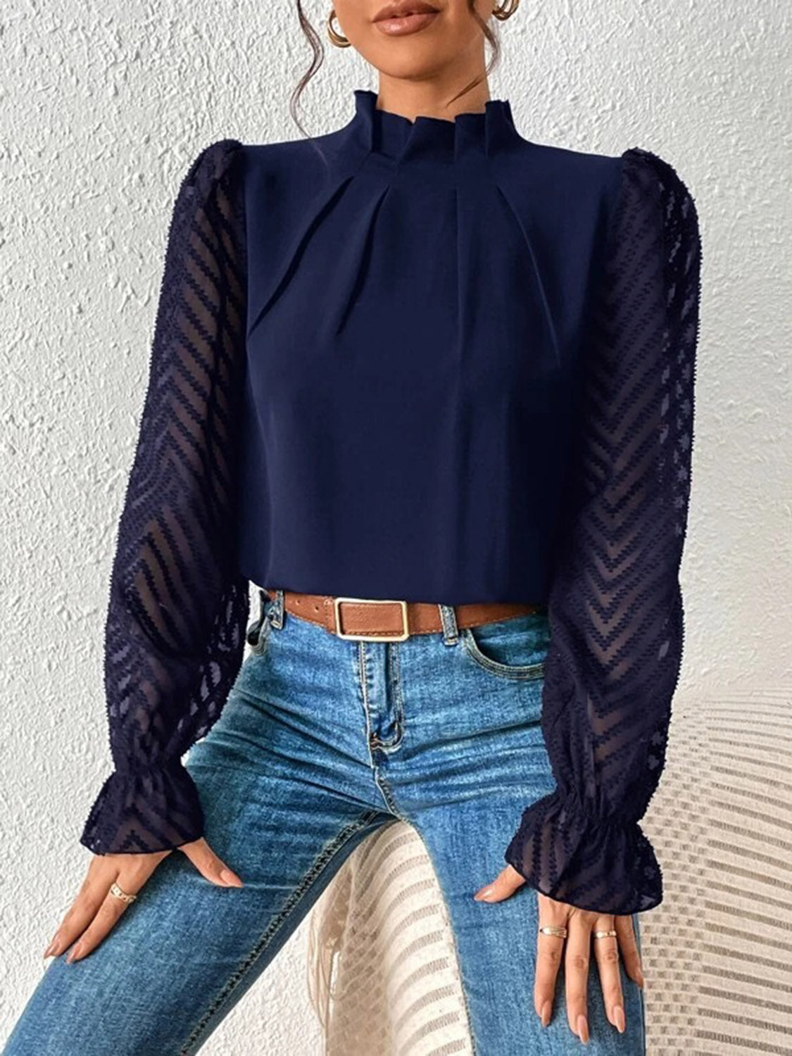 Look Like a Boss Mock Neck Flounce Sleeve Blouse