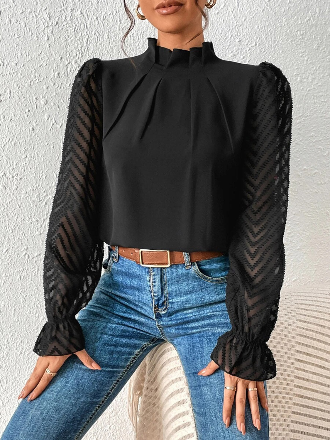 Look Like a Boss Mock Neck Flounce Sleeve Blouse