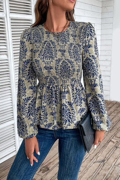 Smocked Printed Balloon Sleeve Blouse