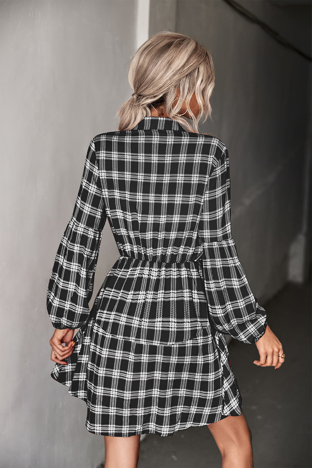 Plaid Band Collar Drawstring Shirt Dress