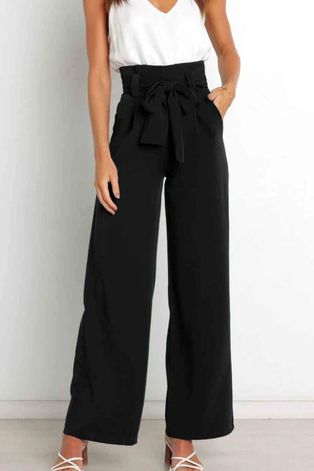 Tie Front Paperbag Wide Leg Pants