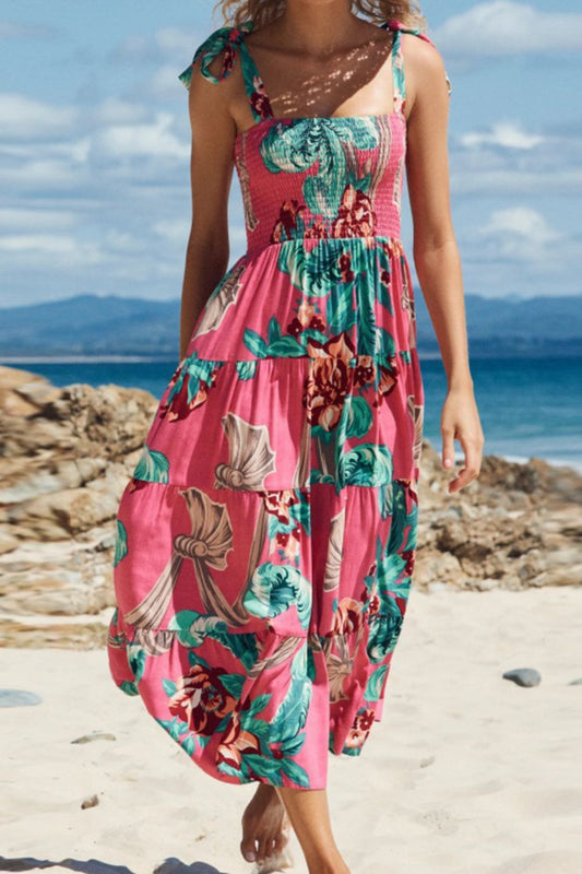 Floral Smocked Tie-Shoulder Tiered Dress