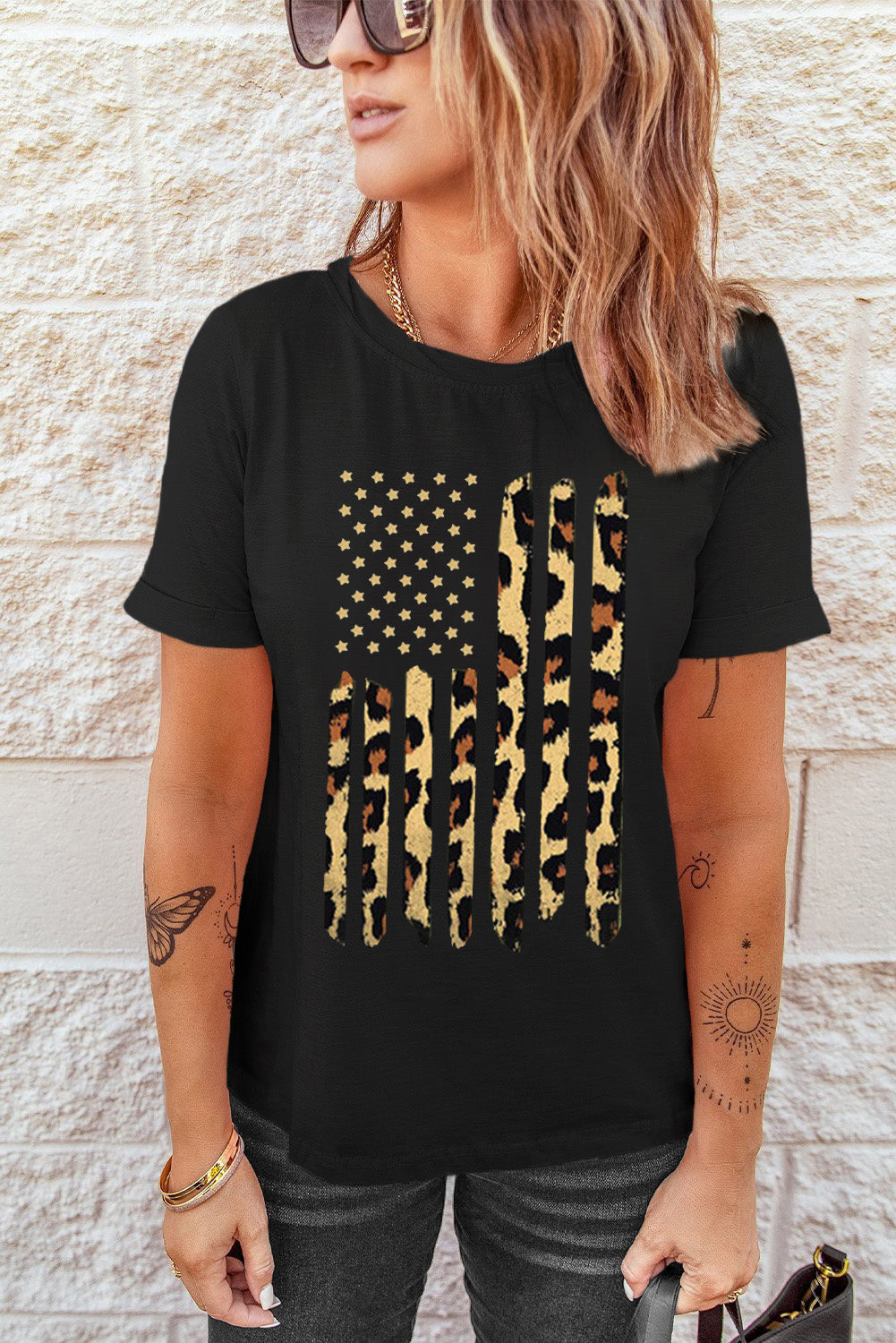 Leopard Stars and Stripes Graphic Round Neck Tee