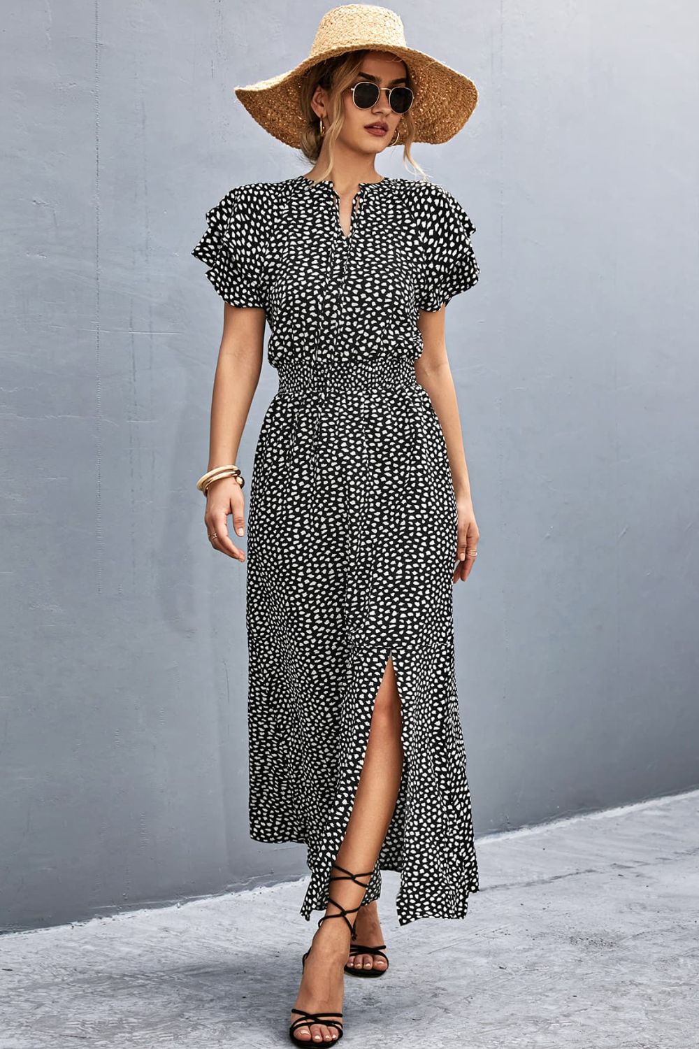 Wowza Tie-Neck Flutter Sleeve Split Dress