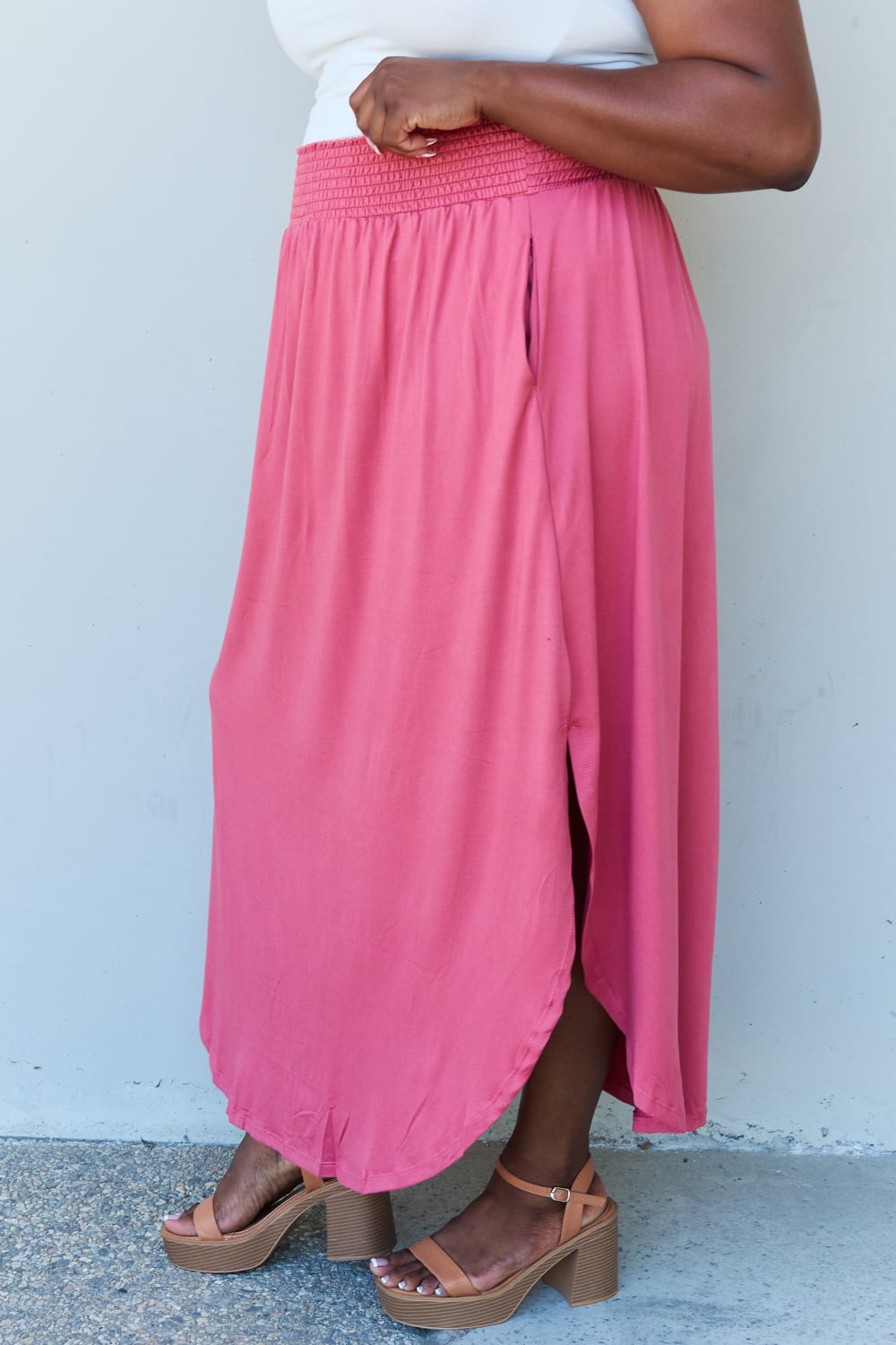 Doublju Comfort Princess Full Size High Waist Scoop Hem Maxi Skirt in Hot Pink