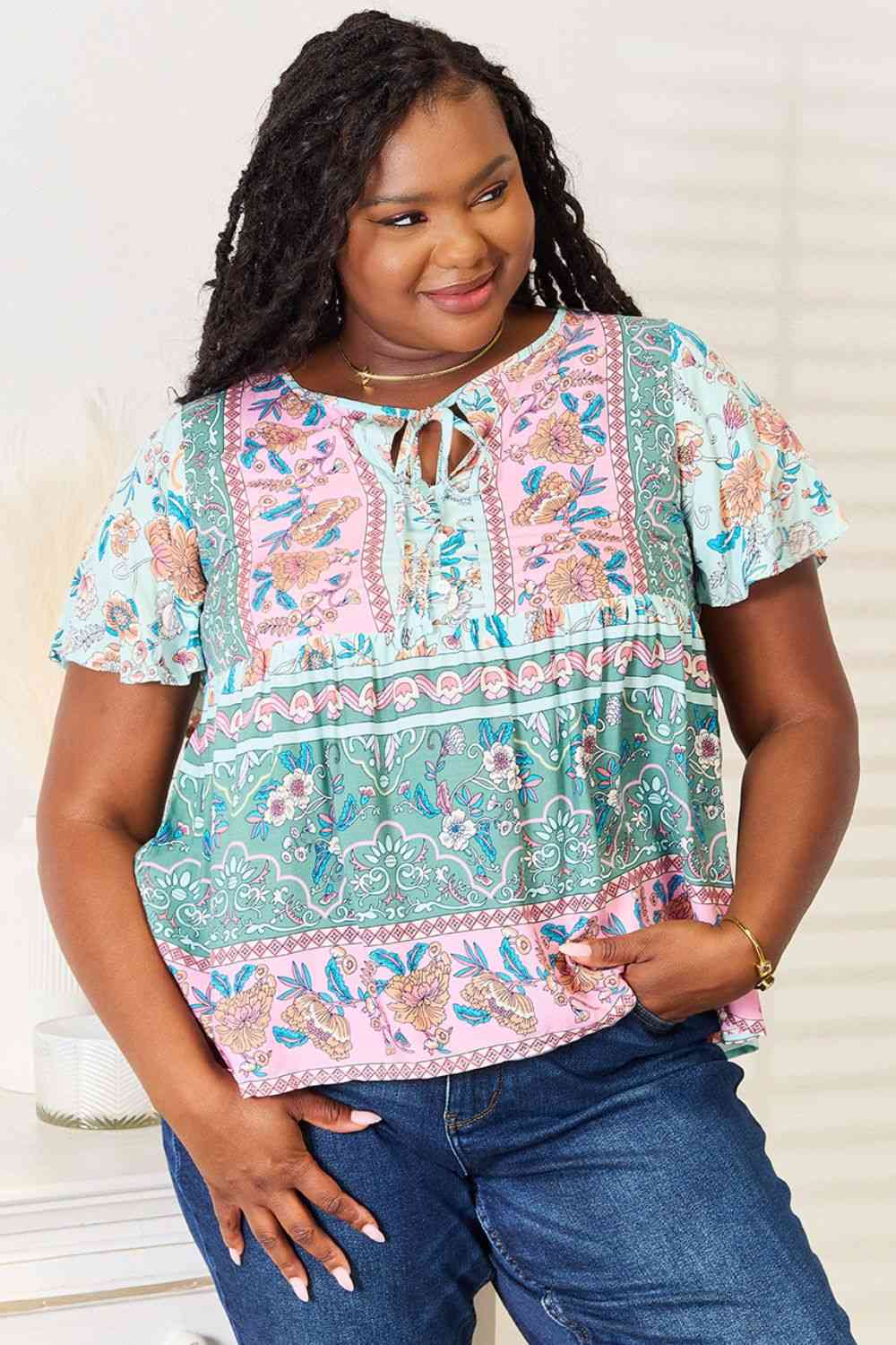 Take It Floral Boho Short Sleeve Blouse - RTS