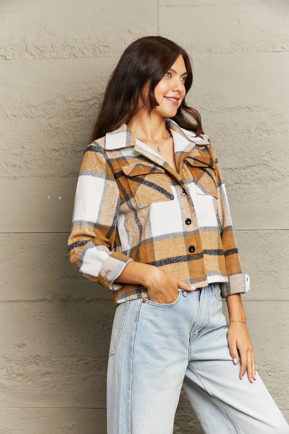 Double Take Plaid Collared Neck Jacket with Breast Pockets