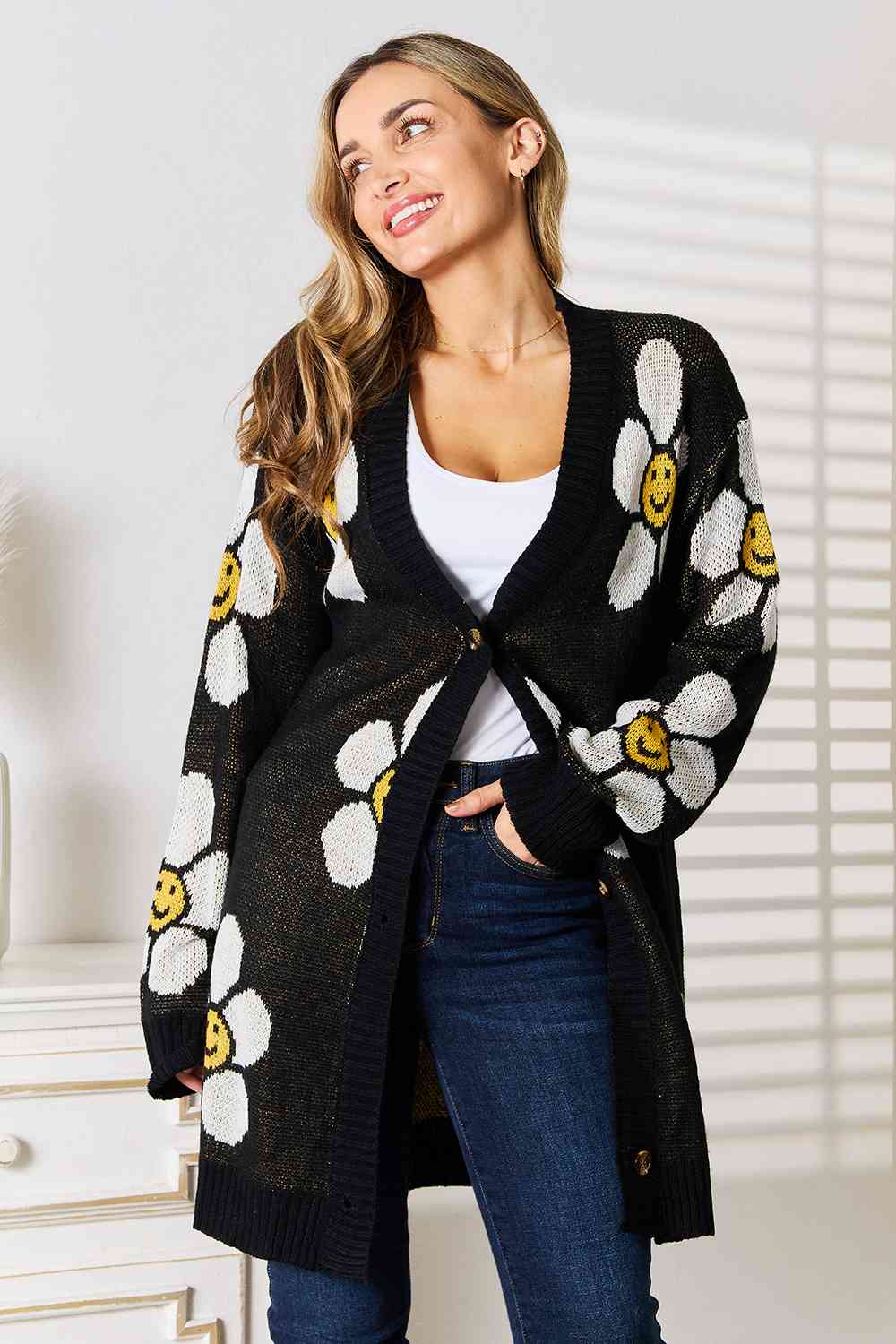 Flower Power Button Down Longline Cardigan - RTS