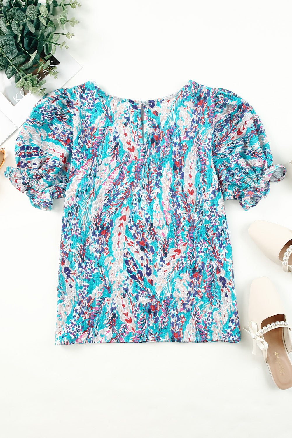 Printed Round Neck Half Flounce Sleeve Top