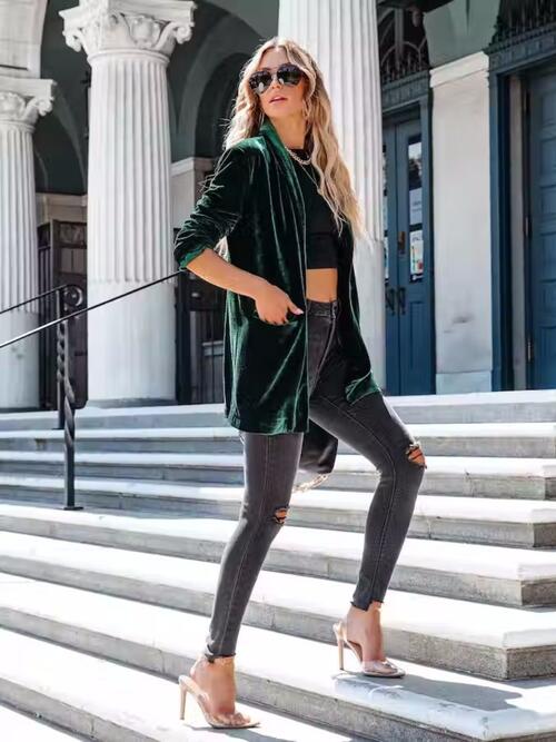 Velvet Button Up Long Sleeve Blazer with Pocket