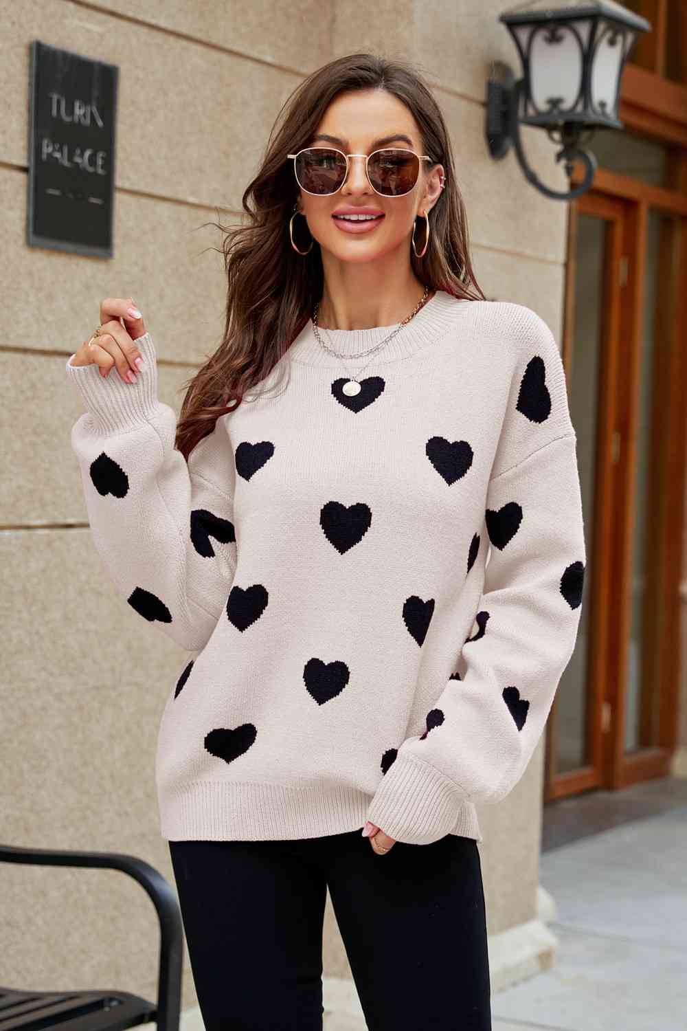 Woven Right Heart Pattern Lantern Sleeve Round Neck Tunic Sweater