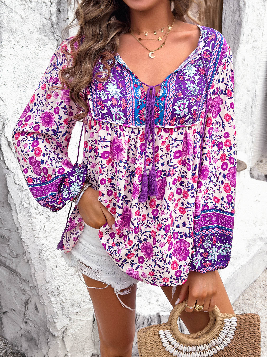 Boho Tassel Tie Neck Long Sleeve Blouse