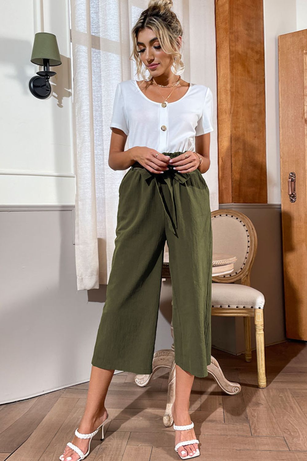 Round Neck Short Sleeve Top and Belted Pants Set