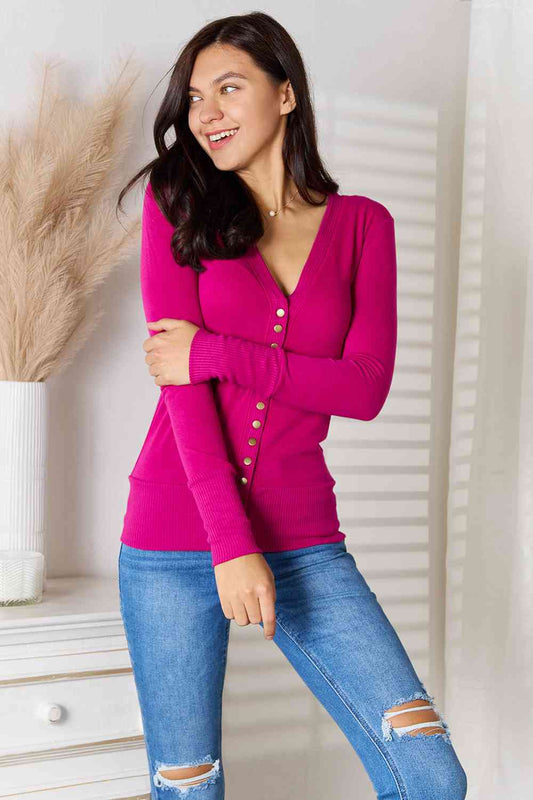 Zenana Pink Button V-Neck Long Sleeve Cardigan