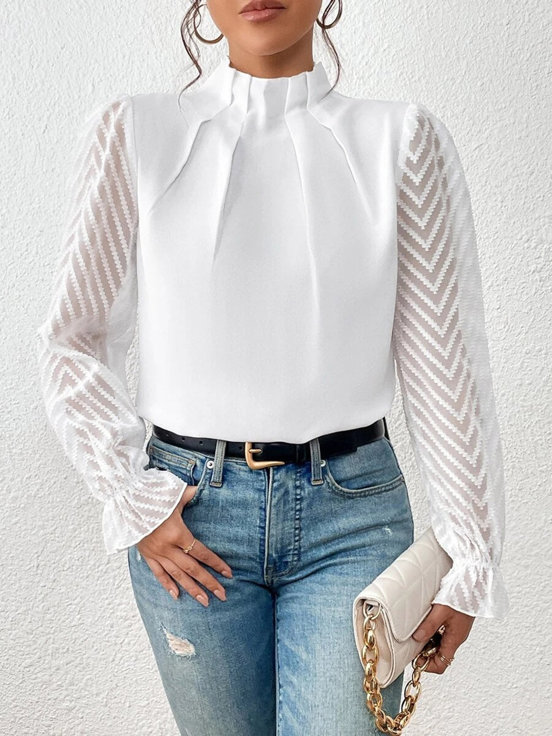 Look Like a Boss Mock Neck Flounce Sleeve Blouse