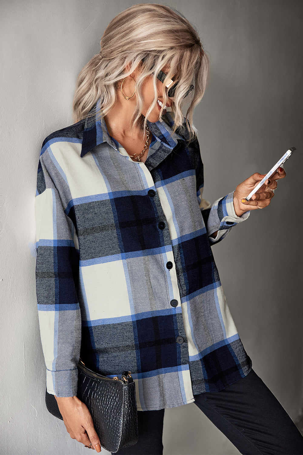 Plaid Collared Neck Longline Shirt