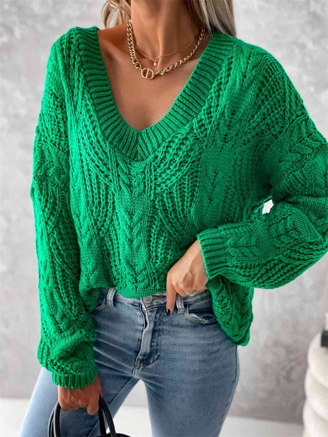 Chunky V-Neck Cable-Knit Long Sleeve Sweater