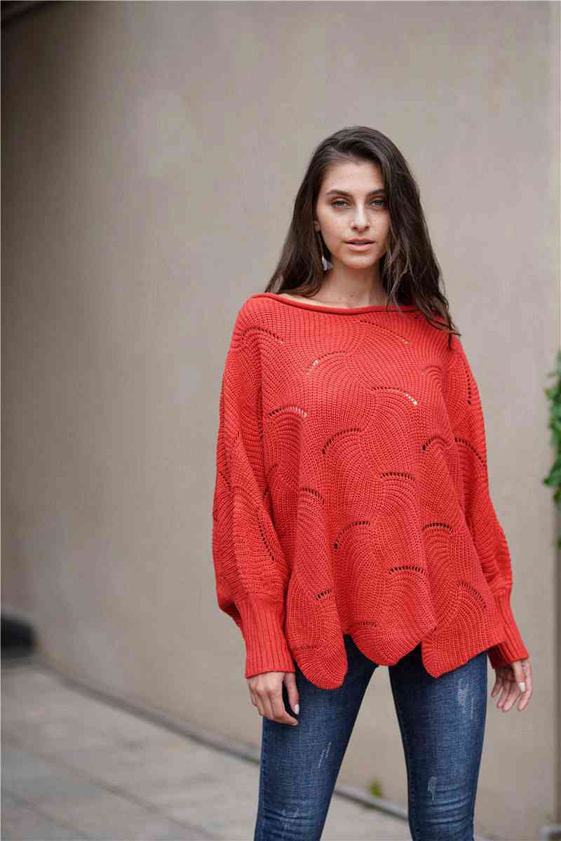 Double Take Openwork Boat Neck Sweater with Scalloped Hem