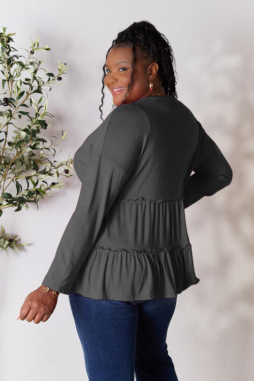 Chic Half Button Long Sleeve Ruffle Hem Blouse