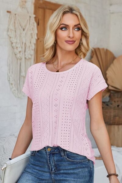 Eyelet Round Neck Rolled Short Sleeve T-Shirt