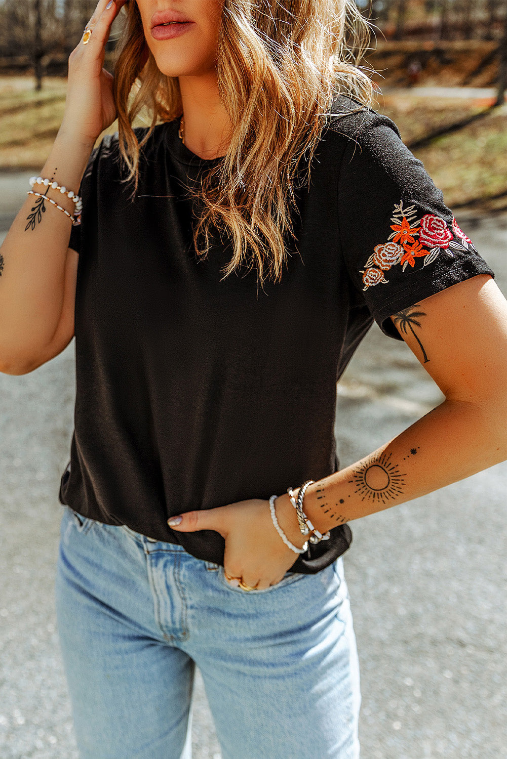 Embroidered Round Neck Tee Shirt