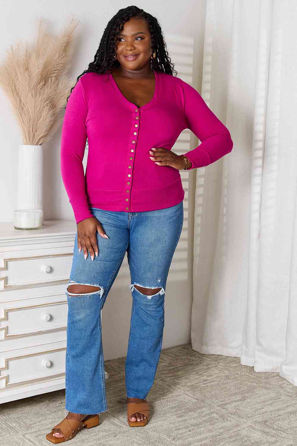 Zenana Pink Button V-Neck Long Sleeve Cardigan