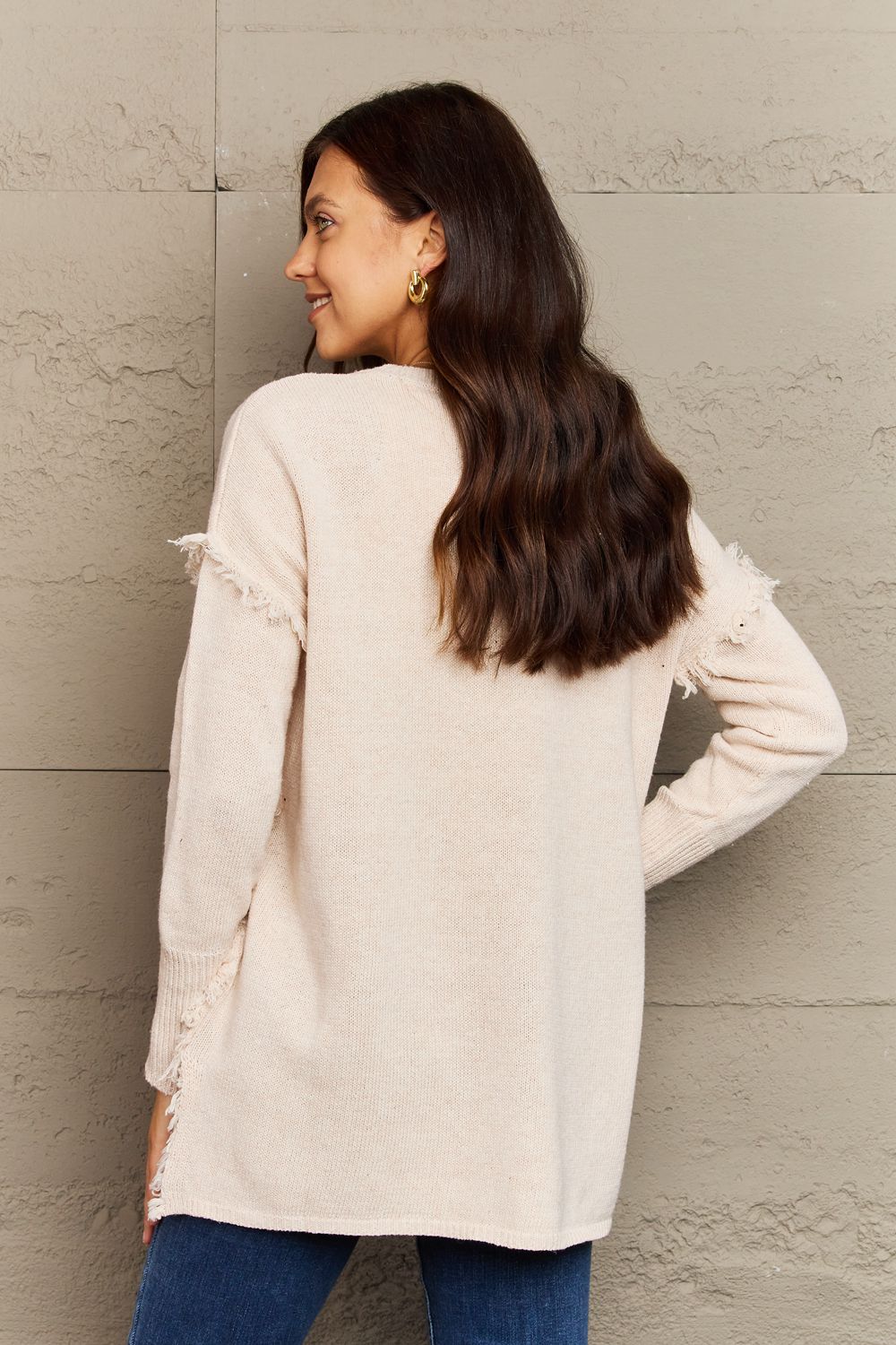 Full Size Buttoned Dropped Shoulder Raw Hem Pullover Sweater