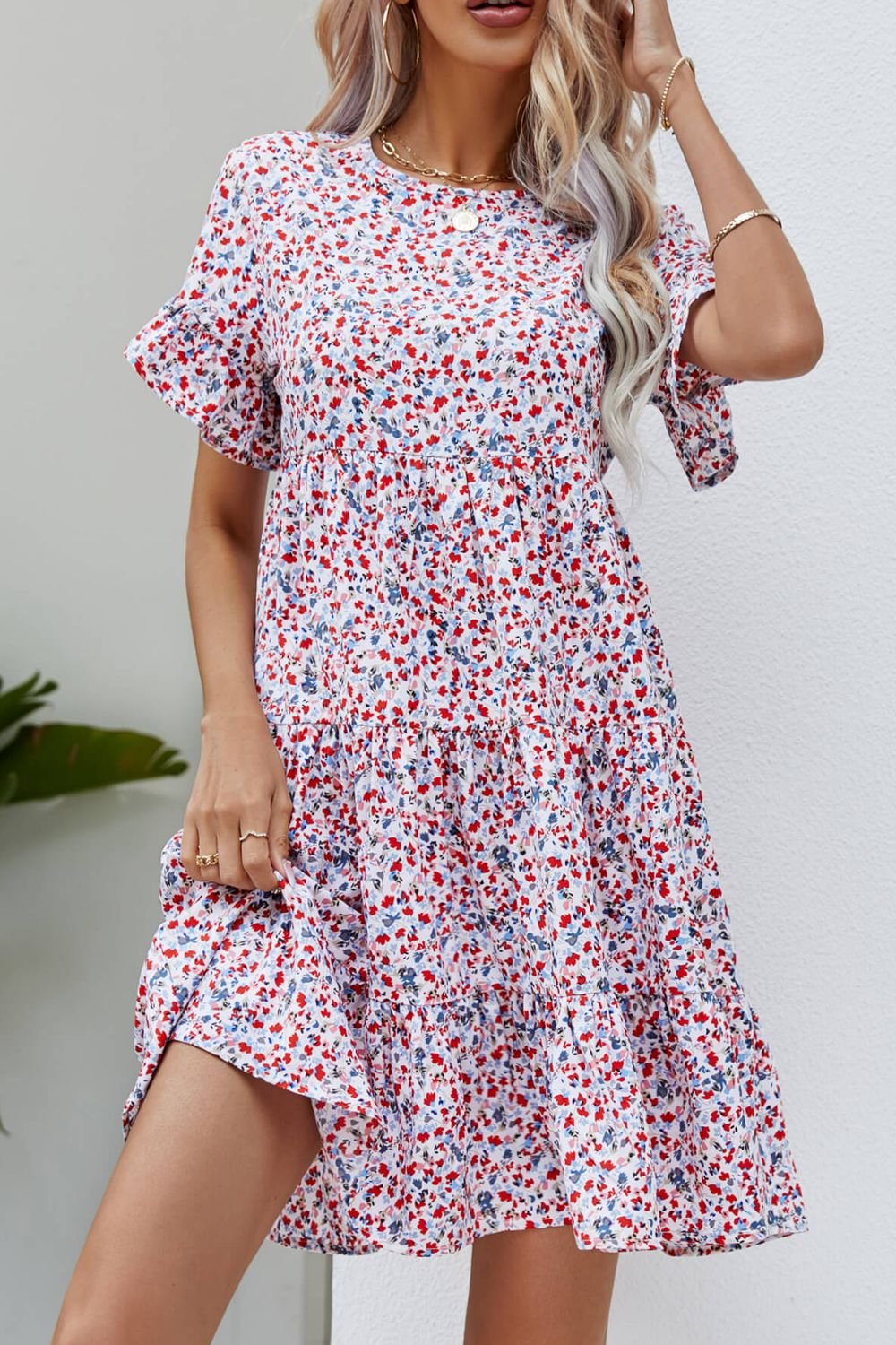 Floral Flounce Sleeve Tiered Dress