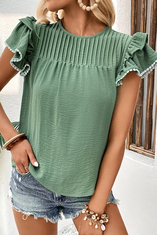 Pleated Pom Flutter Sleeve Blouse