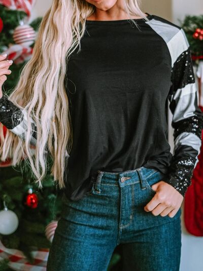 Plaid Sequin Long Sleeve Round Neck T-Shirt