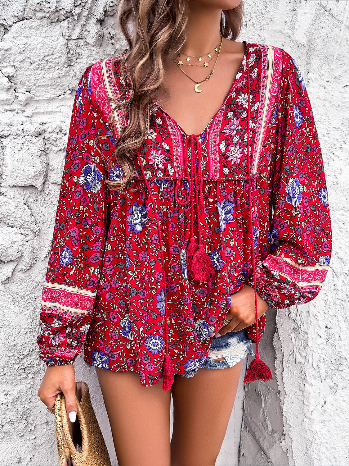 Boho Tassel Tie Neck Long Sleeve Blouse