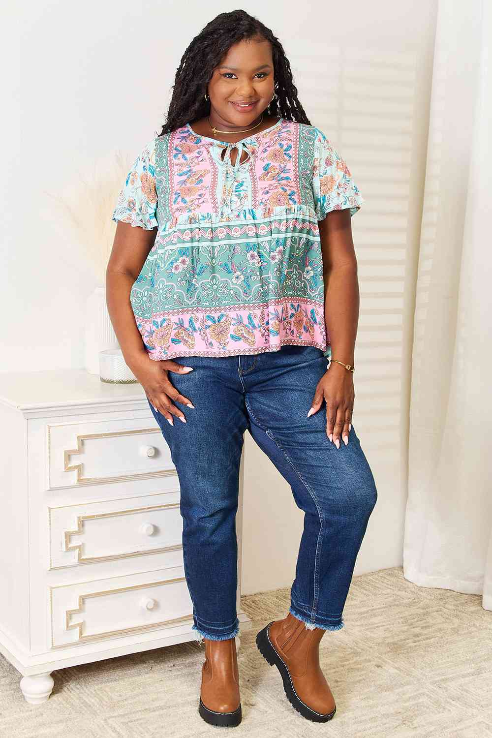 Take It Floral Boho Short Sleeve Blouse - RTS