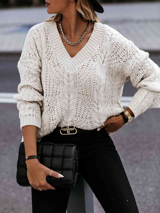 Chunky V-Neck Cable-Knit Long Sleeve Sweater