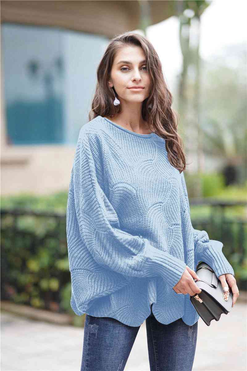 Double Take Openwork Boat Neck Sweater with Scalloped Hem