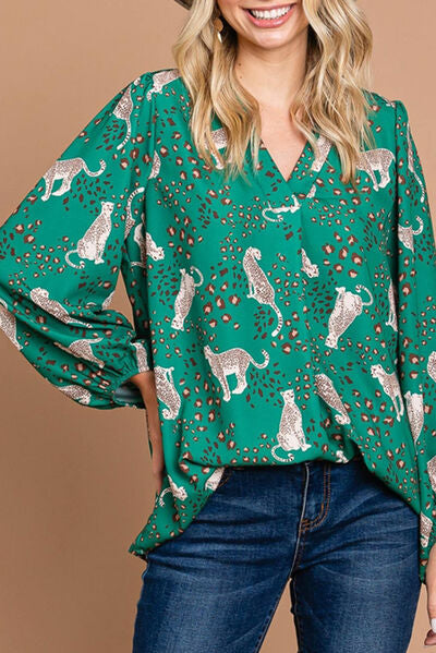 Leopard V-Neck Balloon Sleeve Blouse