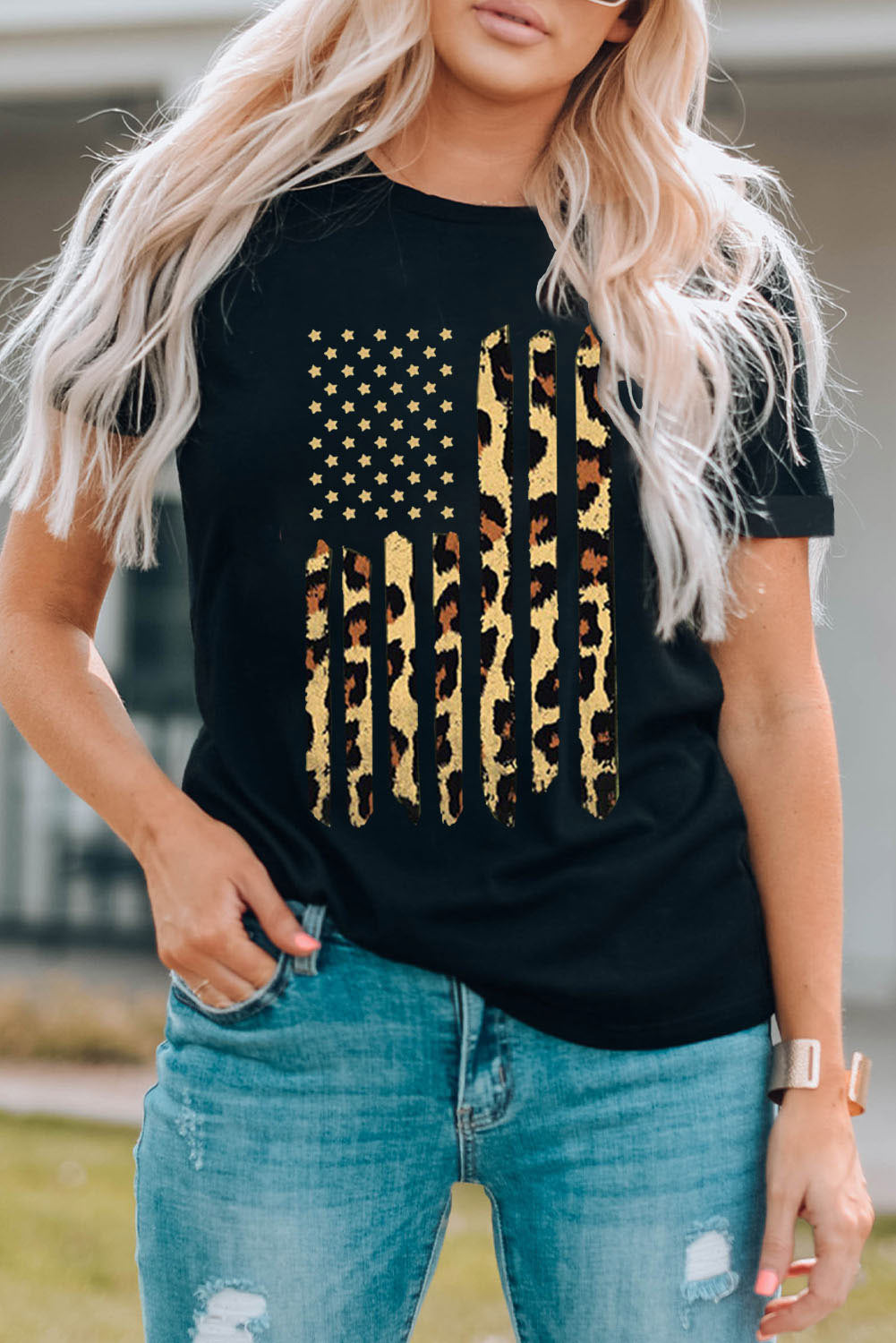 Leopard Stars and Stripes Graphic Round Neck Tee