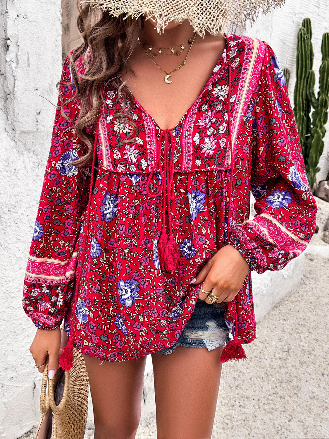 Boho Tassel Tie Neck Long Sleeve Blouse