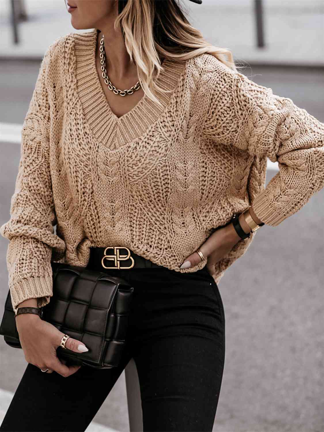 Chunky V-Neck Cable-Knit Long Sleeve Sweater