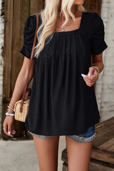 Eyelet Square Neck Puff Sleeve T-Shirt