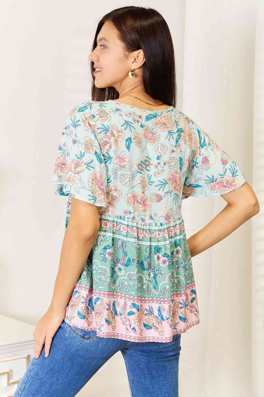 Take It Floral Boho Short Sleeve Blouse - RTS